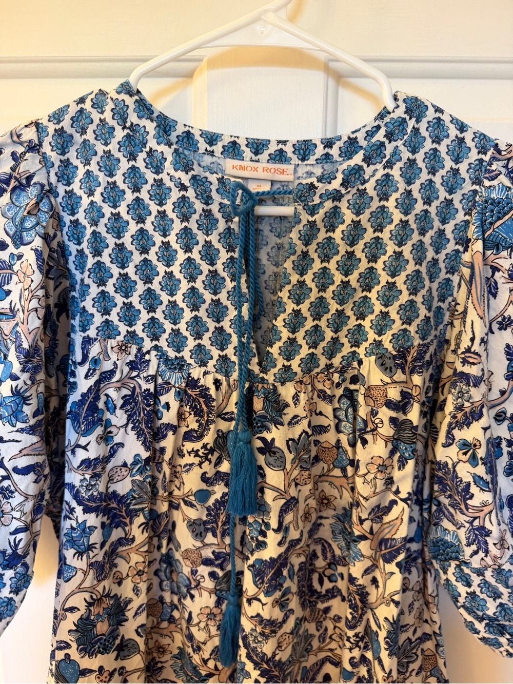 🩷 Knox Rose Blue/Cream Floral Mini Dress with Tassel Tie size M Great teachers! - Picture 5 of 7